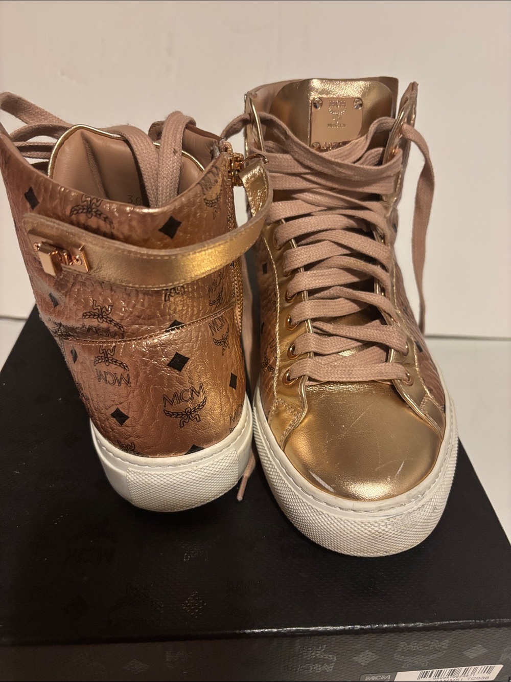 MCM Rose Gold Metallic High-Top Logo Sneakers